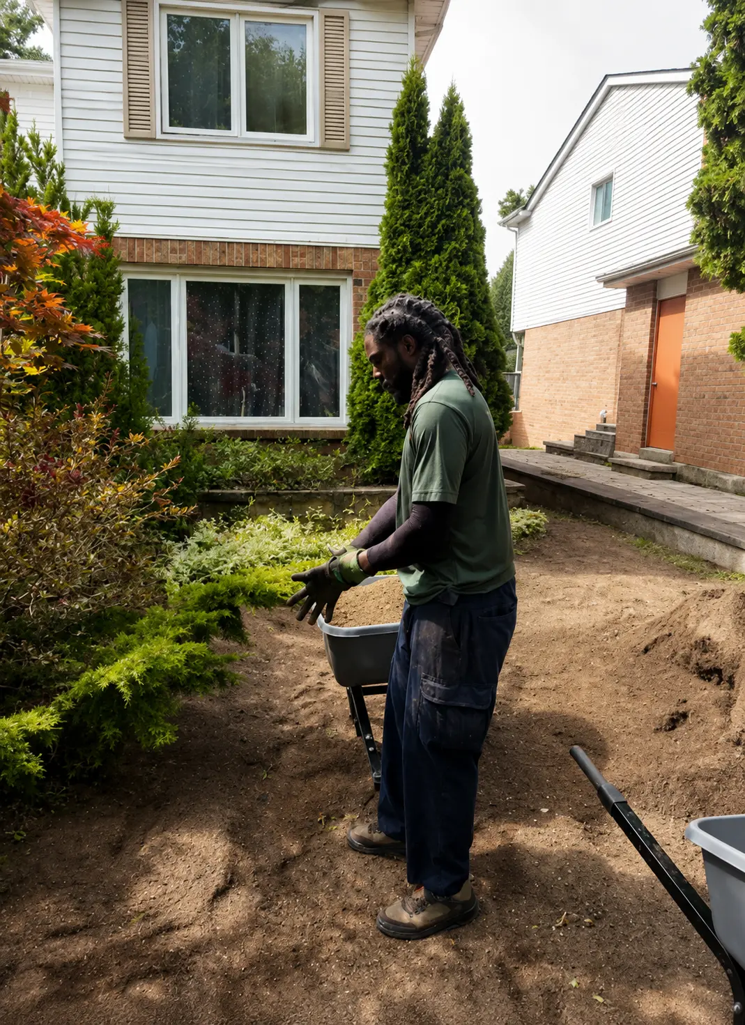 Damion spreading soil while preparing a lawn for new sod