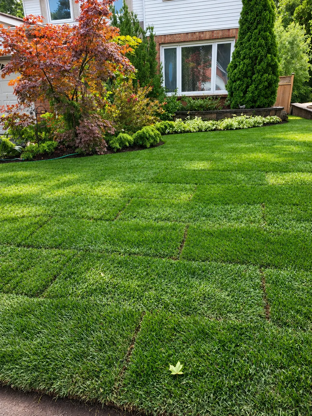 Freshly mowed lawn with maple tree and garden beds