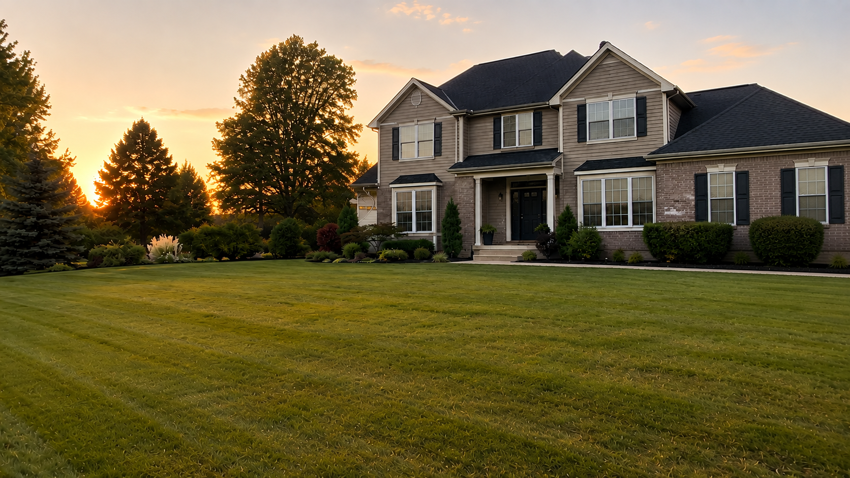 Luxury landscaped property at golden hour