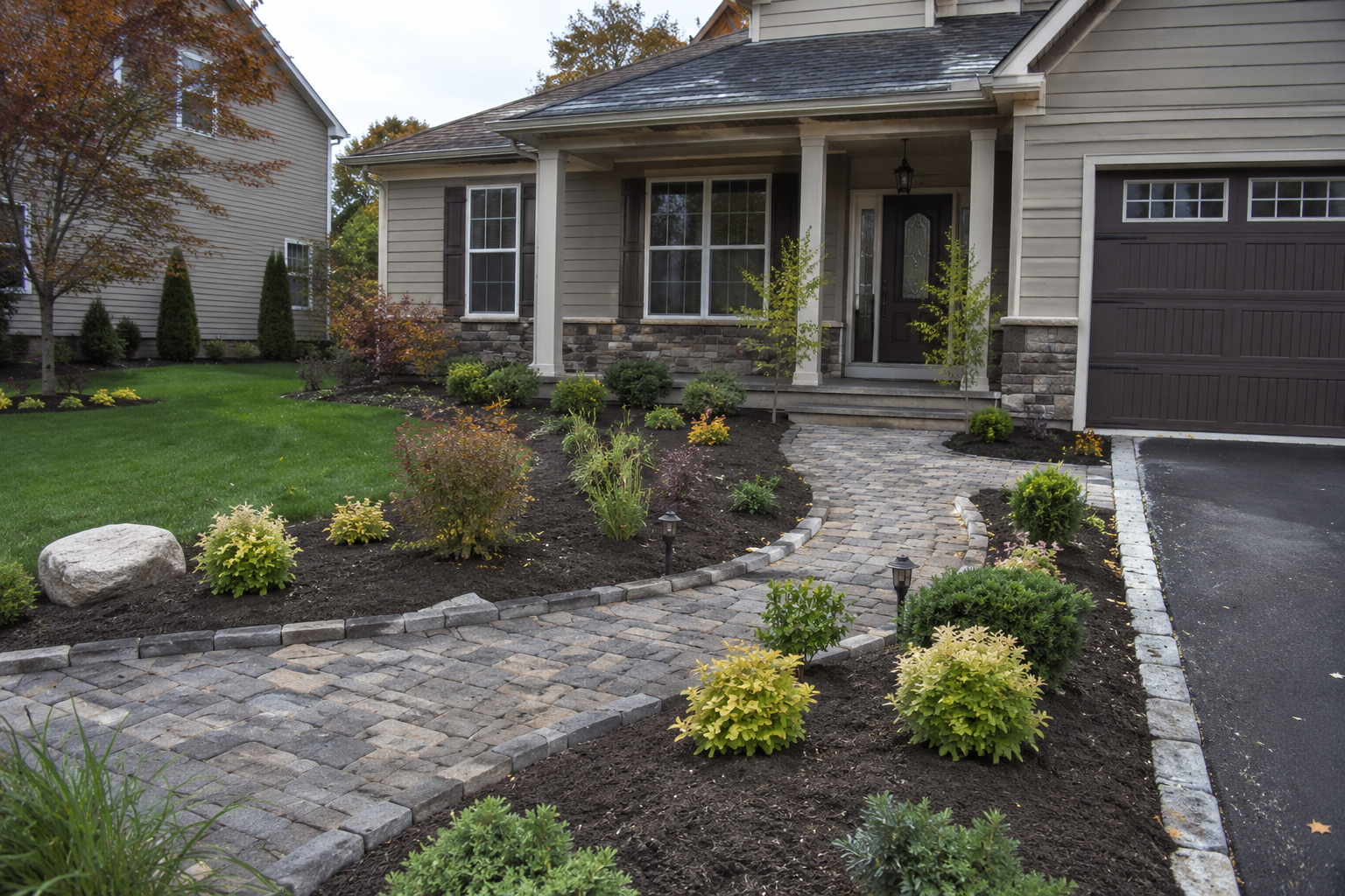 Custom paver walkway with manicured front-yard landscaping by Wynter Landscaping