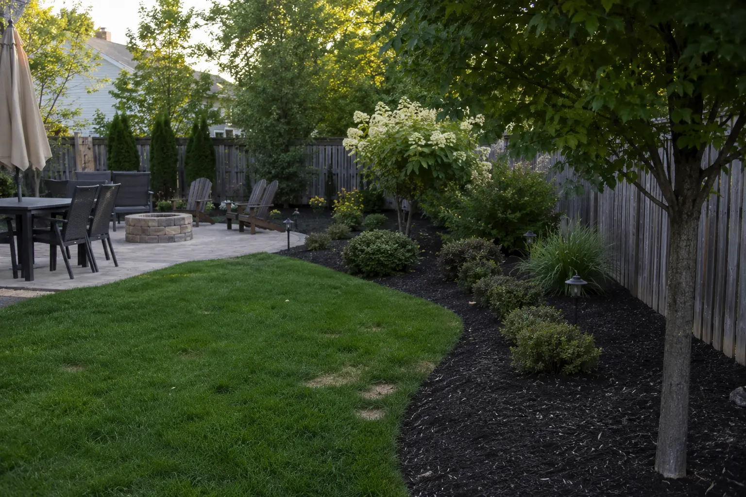 Backyard patio with fire pit, fresh sod lawn and mulched garden beds